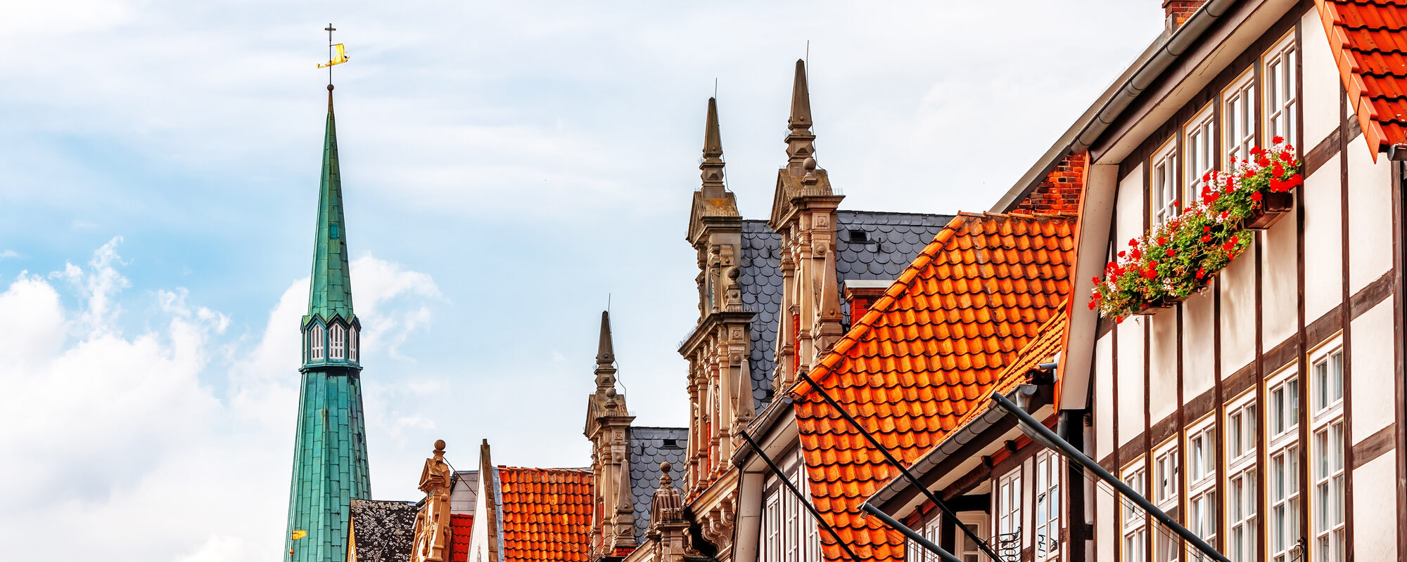 Panorama of colorful historic facades in the center of Hameln