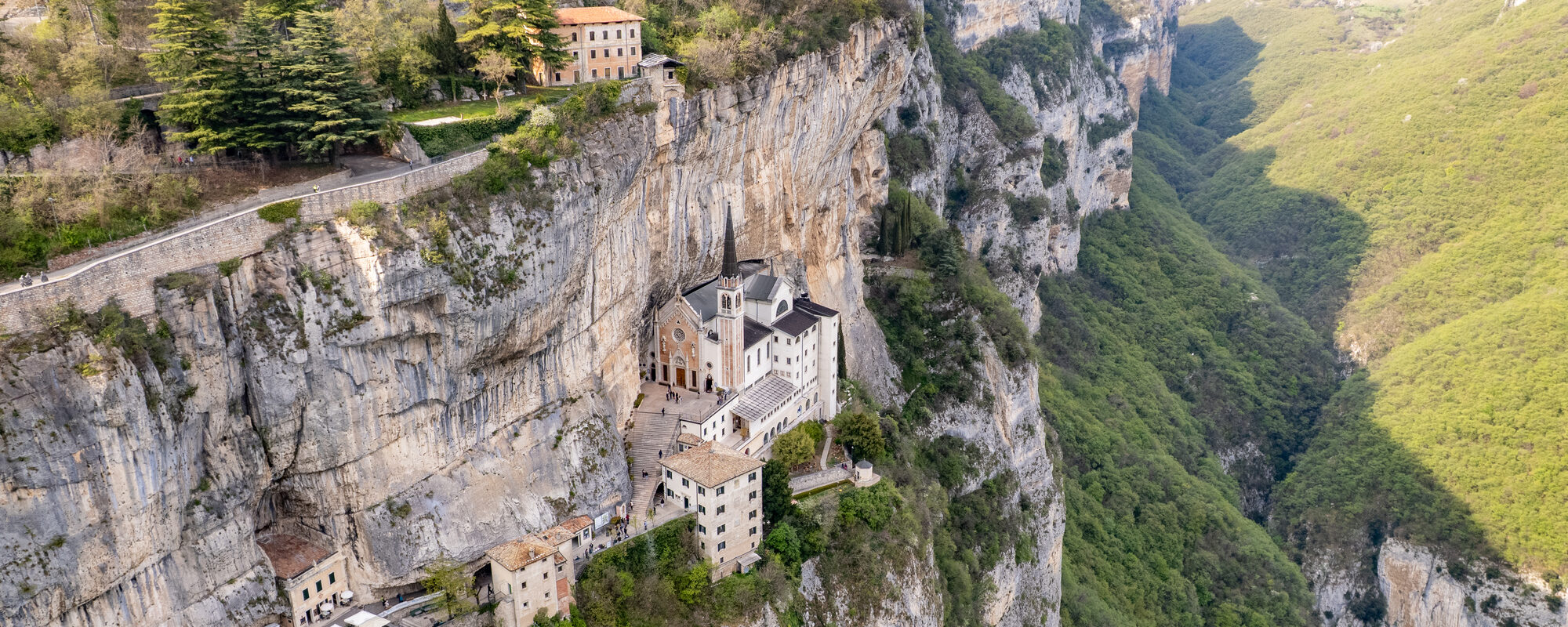Aerial View Madonna della Corona Sanctuary Built into Clifftop on Monte Baldo, Northern Italy